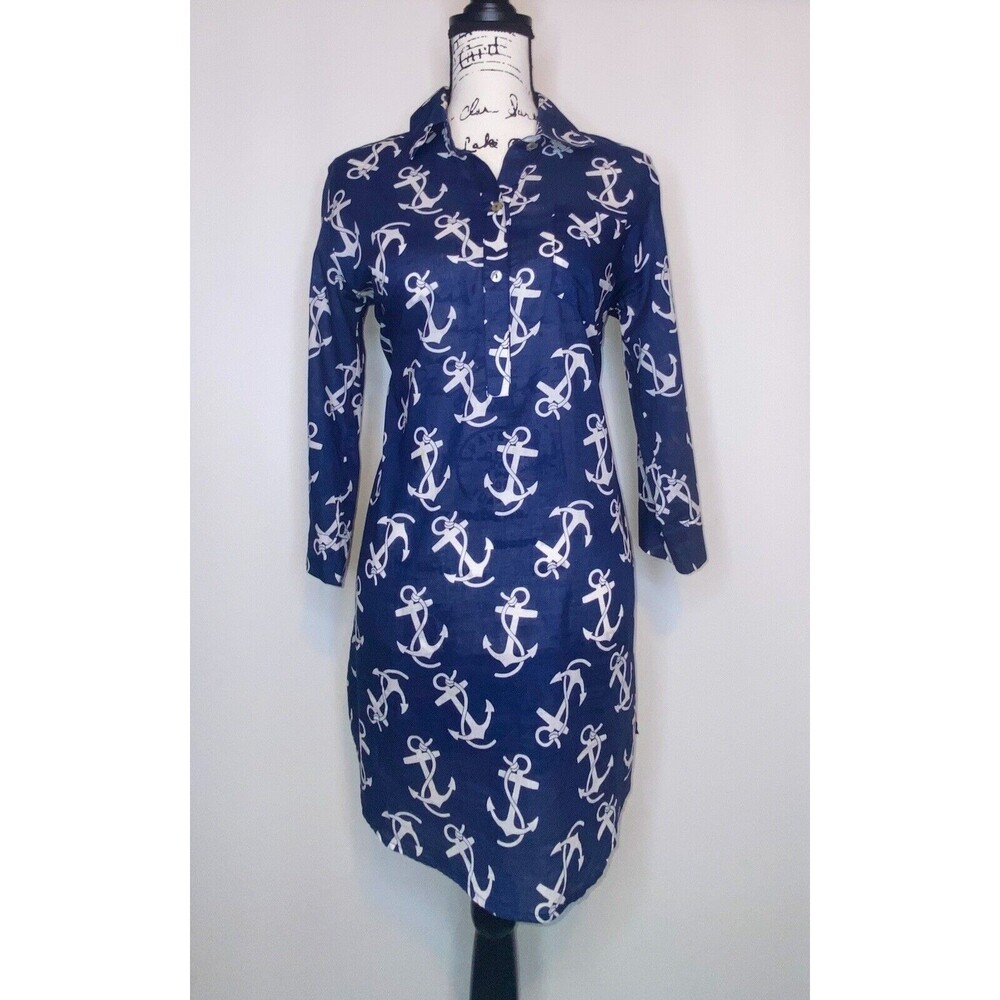 Mud Pie Anchor Print Tunic Shirt Dress Womens SM Navy Blue Nautical Resort